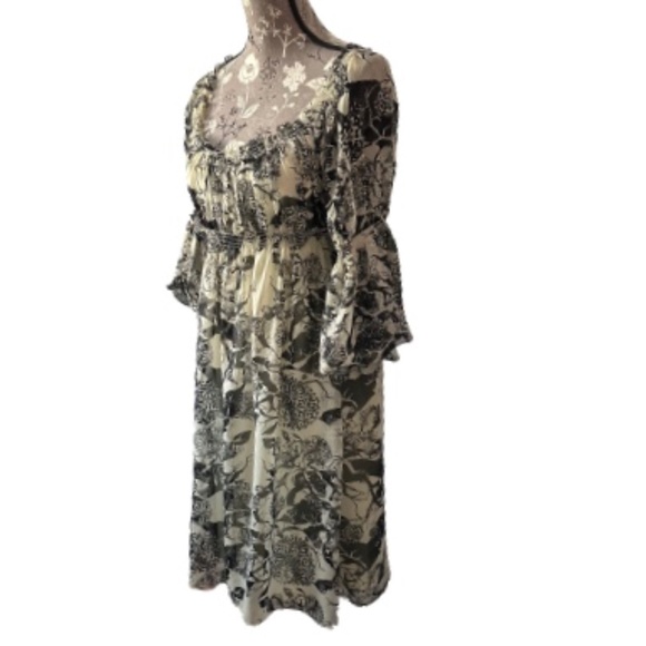 Max Studio Small Women's Black and Tan Midi Dress 3/4 Bell Sleeves Boho Relaxed - Picture 2 of 15